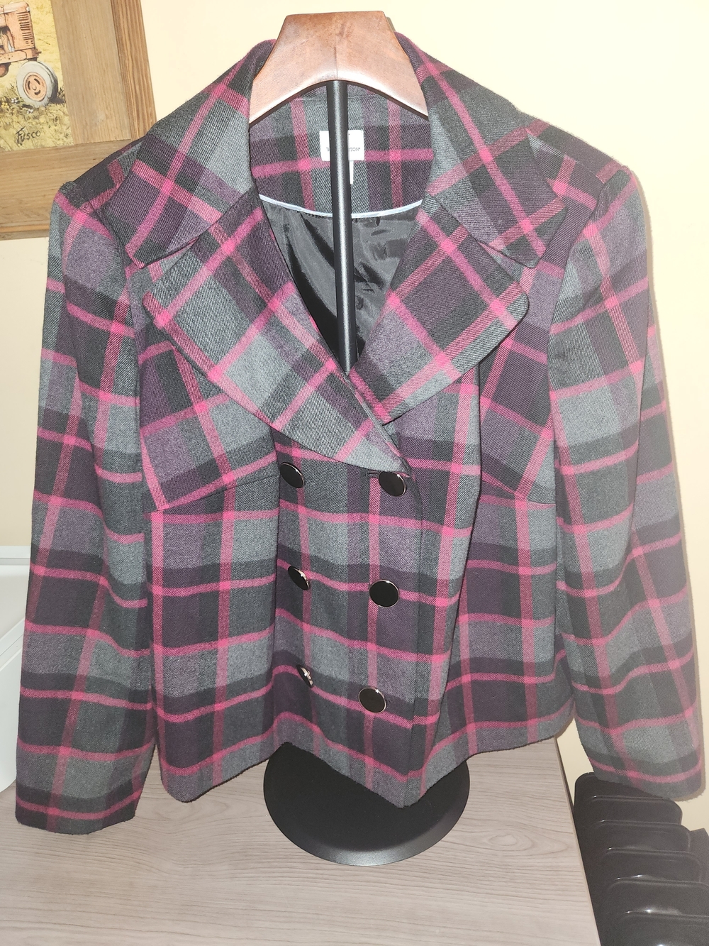 Women's Double-Breasted Plaid Pea Coat - Black & Pink
